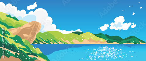 Summer coastal landscape vector with blue sea, green hills, rocky cliff and bright sky. Scenic nature background illustration for travel posters, banners and seasonal design.