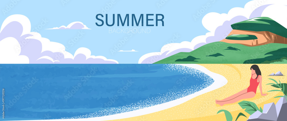 Fototapeta premium Summer beach background vector with woman relaxing on sandy shore, blue sea, green hill and cloudy sky. Suitable for travel poster, banner, vacation design and seasonal promotion.