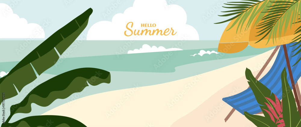 Obraz premium Summer beach background vector with hammock, tropical leaves, sandy shore, calm sea and sunny sky. Suitable for travel poster, banner, resort promotion and vacation design.
