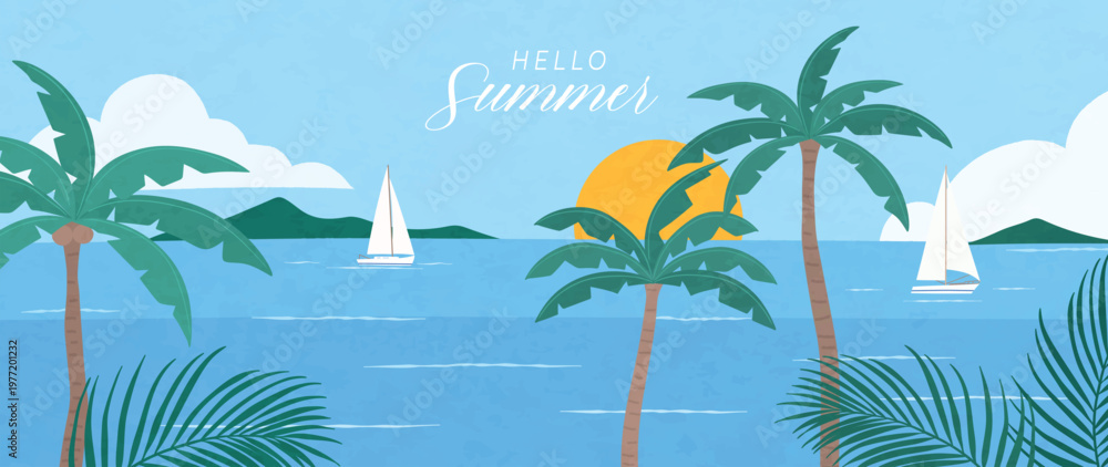 Obraz premium Summer tropical beach vector background with palm trees, sailboats, blue sea, island landscape and sunny sky. Suitable for travel poster, banner, vacation design and resort promotion.