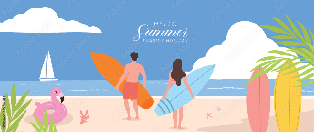 Naklejka premium Summer beach background vector with couple carrying surfboards on tropical seaside. Sunny ocean holiday illustration with sailboat, palm leaves, flamingo float, starfish and coastal vacation scene.