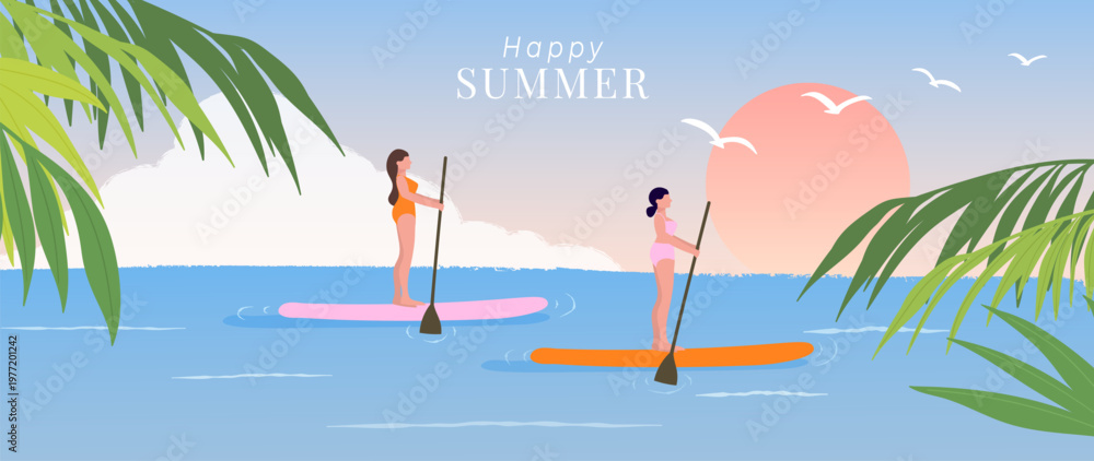 Naklejka premium Summer beach vacation vector background with women paddle boarding on calm sea, sunset sky, tropical palm leaves and seagulls. Suitable for travel poster, banner and seasonal promotion.
