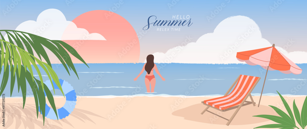 Naklejka premium Summer beach vacation vector background with woman swimming, sunset sea view, deck chair, umbrella and tropical palm leaves. Suitable for travel poster, banner and seasonal promotion.
