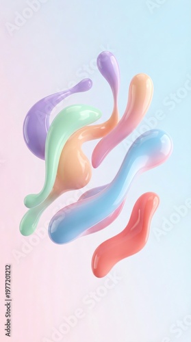 Abstract 3D Pastel Liquid Drops Floating on Soft Gradient Background