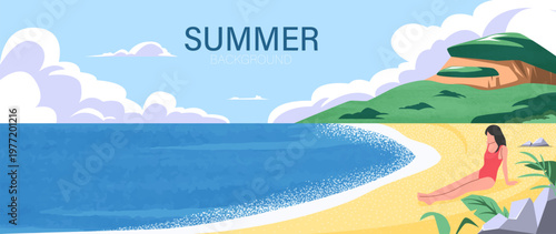 Summer beach background vector with woman relaxing on sandy shore, blue sea, green hill and cloudy sky. Suitable for travel poster, banner, vacation design and seasonal promotion.