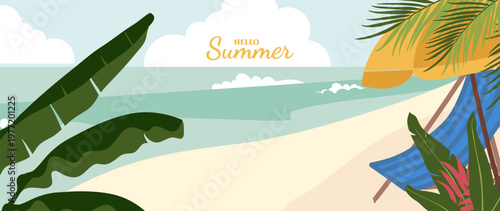 Summer beach background vector with hammock, tropical leaves, sandy shore, calm sea and sunny sky. Suitable for travel poster, banner, resort promotion and vacation design.