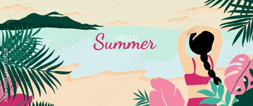 Summer beach background vector with woman in pink swimsuit, tropical leaves and calm seaside view. Stylish coastal vacation illustration with island, sandy shore and relaxing holiday scene.