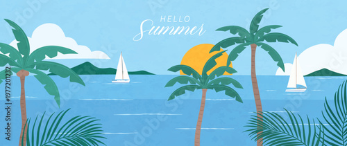 Summer tropical beach vector background with palm trees, sailboats, blue sea, island landscape and sunny sky. Suitable for travel poster, banner, vacation design and resort promotion.