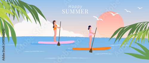 Summer beach vacation vector background with women paddle boarding on calm sea, sunset sky, tropical palm leaves and seagulls. Suitable for travel poster, banner and seasonal promotion.