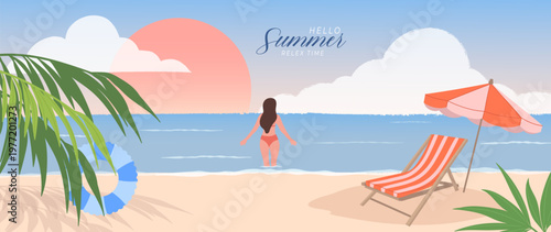 Summer beach vacation vector background with woman swimming, sunset sea view, deck chair, umbrella and tropical palm leaves. Suitable for travel poster, banner and seasonal promotion.