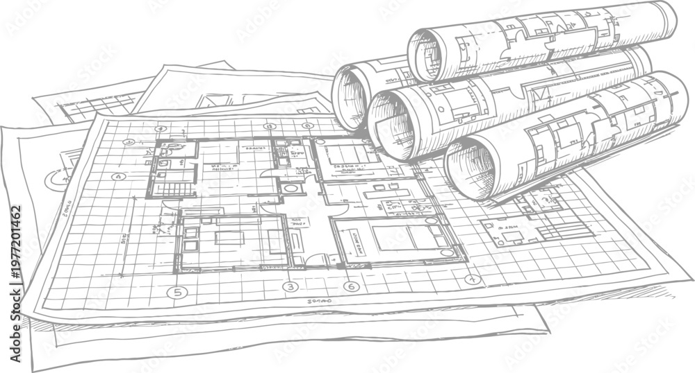 Fototapeta premium Architectural blueprint drawings and rolled blueprints on a table