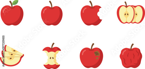 Apples in various stages of consumption and deterioration icon set in flat illustration