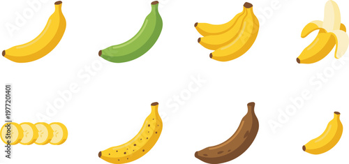 Bananas whole, peeled, sliced, different ripeness icon set in flat illustration