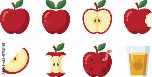 Apples whole, half, bitten, core, worm, and juice element icon set