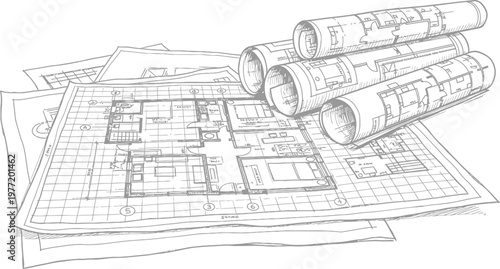 Architectural blueprint drawings and rolled blueprints on a table