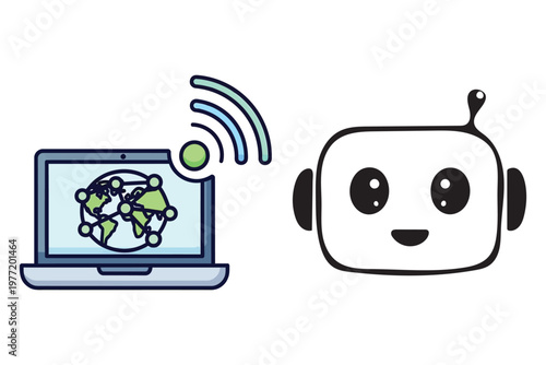 A cartoon robot and laptop with a world map and wi fi signal