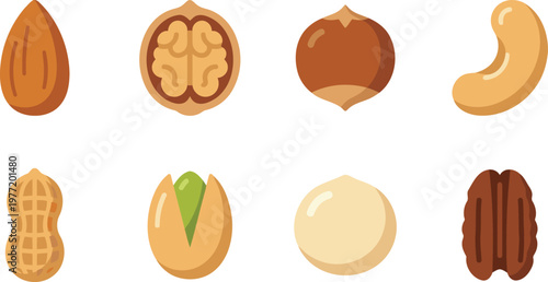 Assorted type of nuts flat icons set