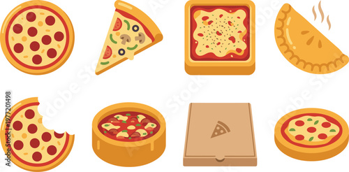 Assorted pizza and baked food elements icon set