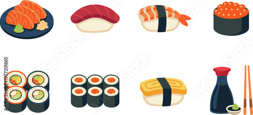 Sushi types and condiments icon set displayed