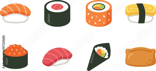 Japanese food sashimi, sushi rolls nigiri temaki and inari flat illustration set