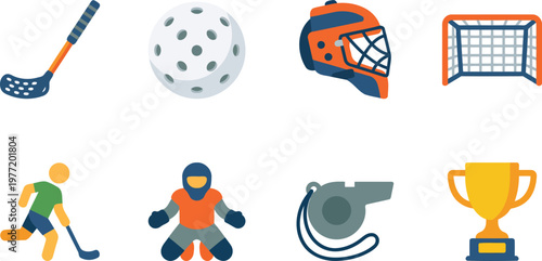 Floorball game icon set in flat illustration