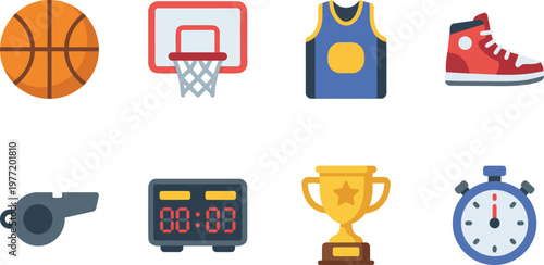 Basketball game elements icon set in flat illustration