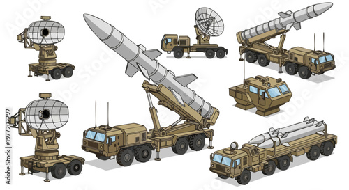 Mobile military missile launcher systems and radar detection vehicles displayed for defense and strategic warfare operations