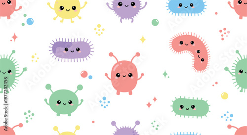 Cute cartoon bacteria and virus characters seamless pattern colorful microbiology germs with funny faces kids friendly medical vector illustration