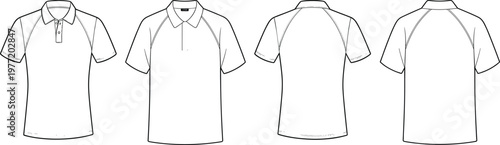 Classic polo shirt template set, short sleeve collared tee collection with front and back views, clean apparel technical flat sketch – vector illustration