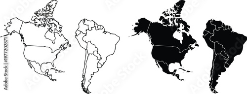 Modern americas map outline and silhouette vector illustration.