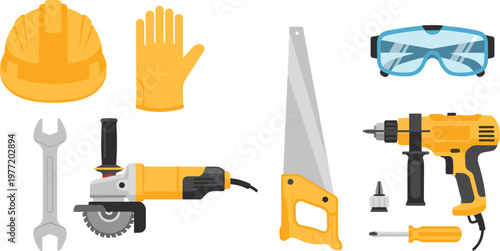 Construction Safety Gear and Tools Set with Helmet, Gloves, Goggles, and Power Tools for Industrial Work