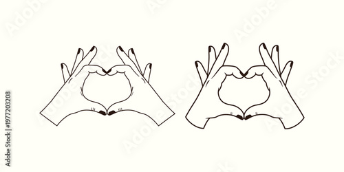 A detailed hand-drawn illustration featuring two sets of human hands forming a heart shape symbol Vector