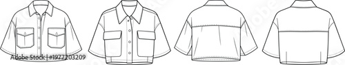 Boxy cropped shirt jacket set, short sleeve utility design, front and back views, modern casual apparel outline template – vector illustration