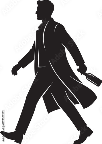 Sophisticated man walking silhouette holding wine bottle wearing long trench coat gentleman figure strolling mysterious character urban lifestyle evening social gathering celebration elegant male pose