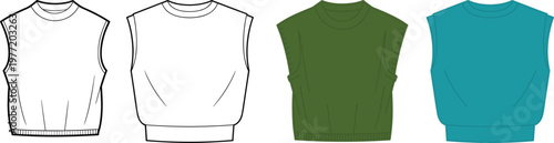 Casual sleeveless sweatshirt set, front and back views, cropped pullover vest style, modern apparel outline template – vector illustration