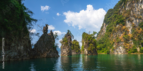 tropical islands on boat trip in khao sok national park in thailand