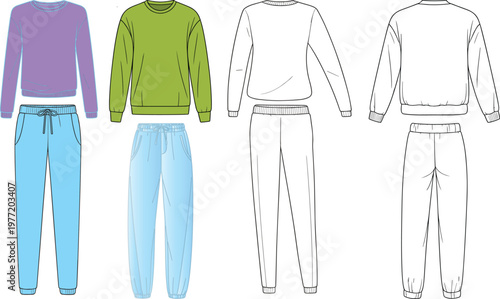 Casual sweatshirt and jogger pants set, men loungewear tracksuit collection, front and back views, fashion technical flat sketch – vector illustration