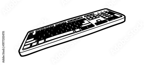 Computer keyboard graphic with white keys on black background
