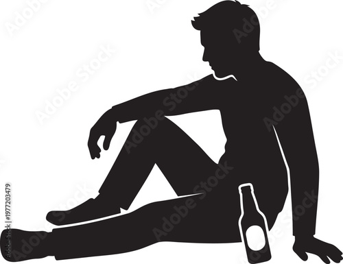 Lonely man sitting on ground silhouette with drink bottle sadness depression stress reflection concept tired person resting outdoors solitude heartbreak emotional burnout mental health awareness socia