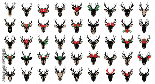 Large collection of diverse deer head silhouettes displays various styles of antlers decorated with festive winter holiday foliage.