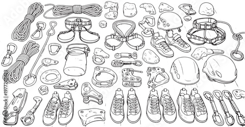 collection of climbing gear and accessories flat design vector illustration