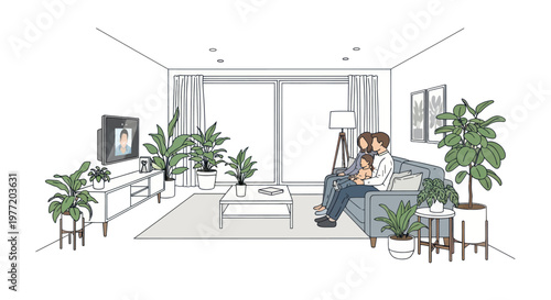 Family relaxing on sofa watching TV in a modern living room.