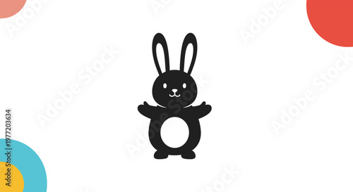 Simple black silhouette of a cute standing bunny rabbit is framed by colorful circular shapes in the corners of a white background.