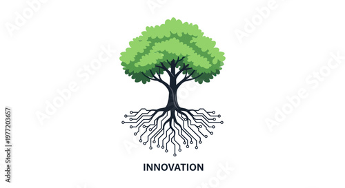 Green tree with digital circuit roots representing innovation and sustainable technology