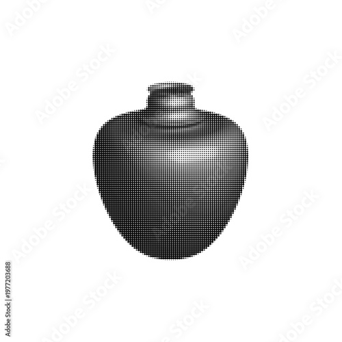 A rounded ceramic jar or vase with a narrow neck, rendered in a halftone dot style. The form is simple and symmetrical, resembling a traditional pottery vessel or storage jar. The shading created by d