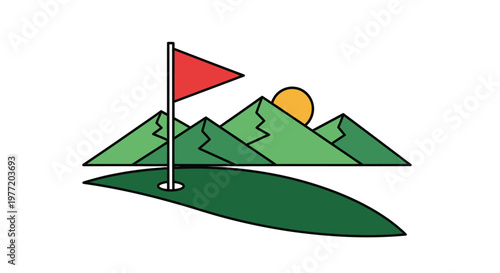 Golf flag on a mountain landscape at sunset