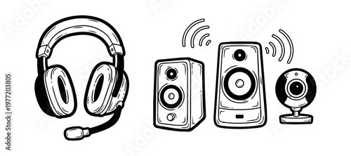 Audio equipment vector illustration headphones speakers webcam