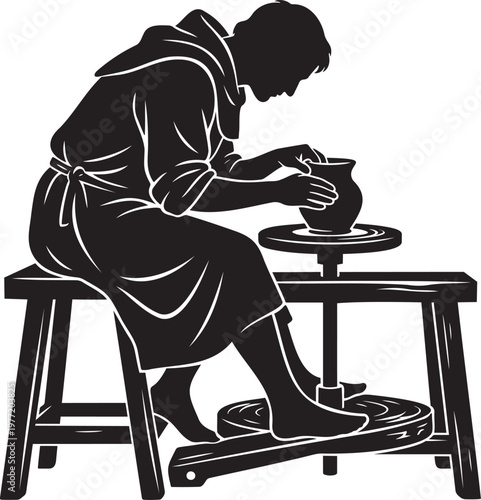 Handcrafted pottery artisan silhouette creating ceramic clay pot on traditional spinning wheel craft workshop professional potter working manual labor artistic hobby authentic handmade vessel 