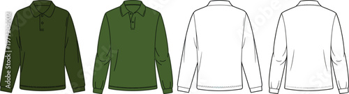 Classic long sleeve polo shirt set, front and back views, casual menswear design, clean apparel outline template – vector illustration
