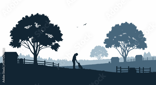 Silhouette of a person petting a dog in a serene rural landscape.